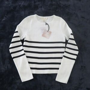 NWT Black/White Striped Round Neck Long Sleeve Knit Pullover Cropped Sweater M